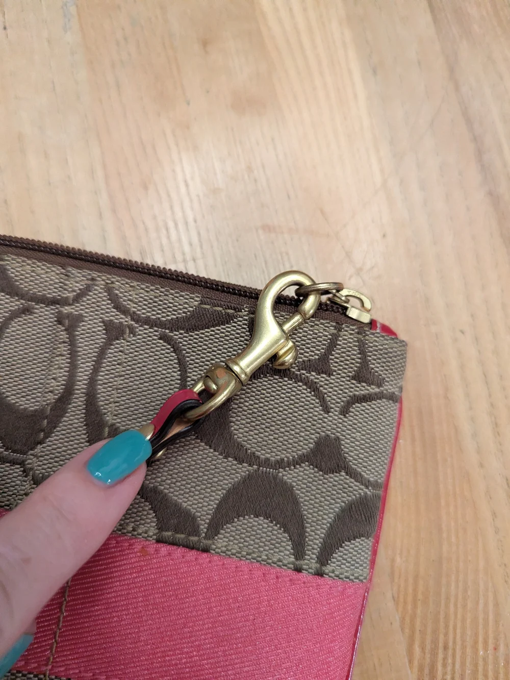 Coach Signature Canvas Wristlet in Brown and Pink